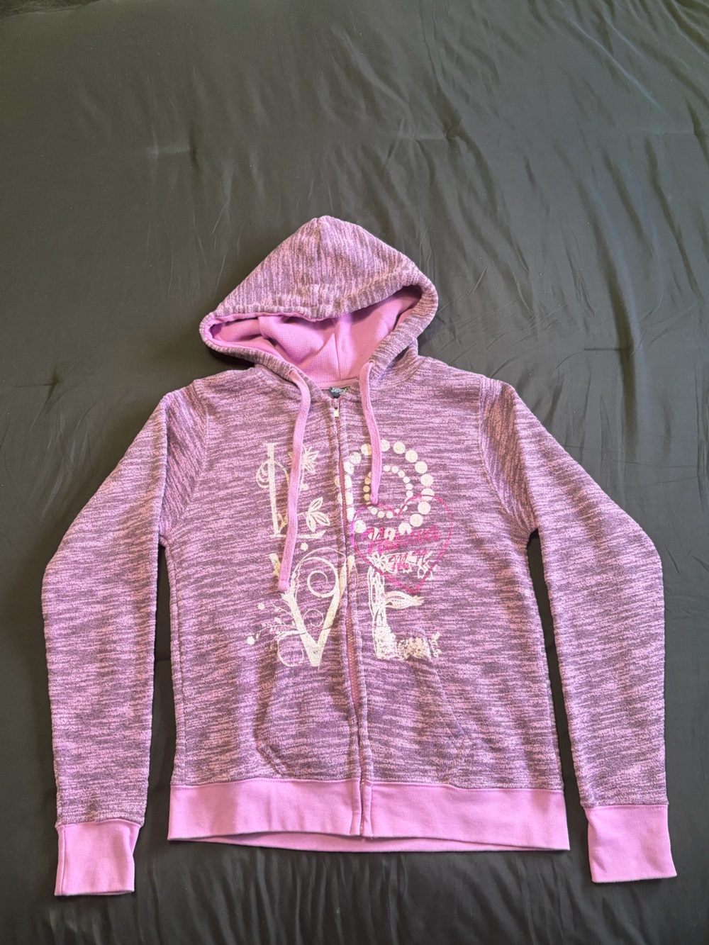 Y2K 2000s Light Purple/blalck zip up hoodie with cute design Size S.